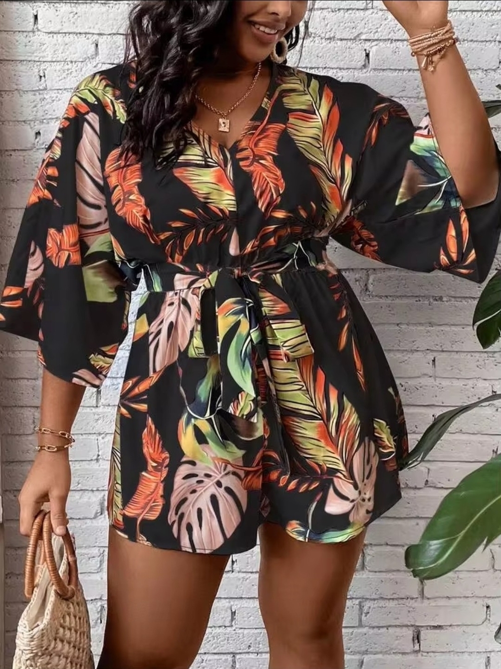 SHEIN Black Tropical Print Romper